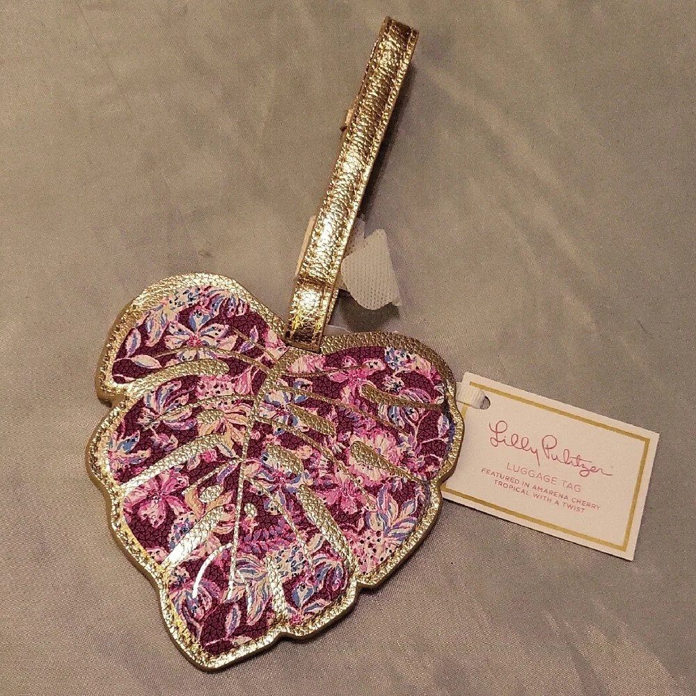 Lilly Pulitzer Gold & Pink Tropical Leaf Luggage Tag Bnwt Ls
